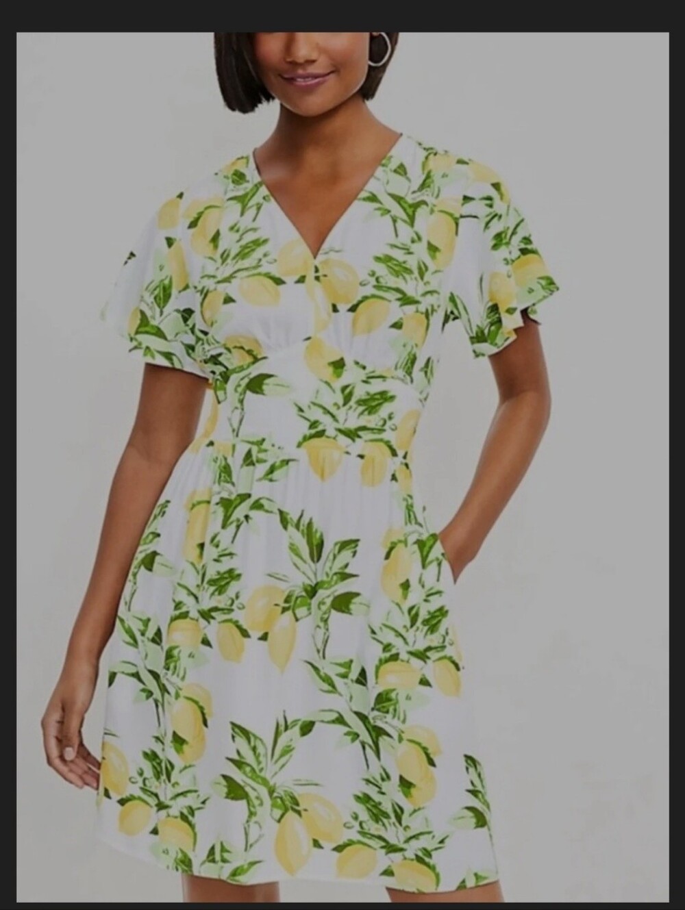 LOFT Petites White Lemon-Print V-Neck Flutter-Sleeve Dress